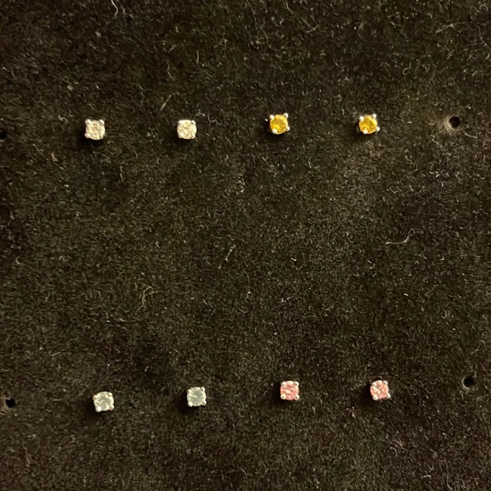 NWOT set of 4 sterling silver CZ Mini stud earrings Clear, pink, blue, & yellow. - Picture 2 of 8